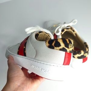 Michael Kors Women's White Leather Sneakers with Leopard Trim and Red Accent